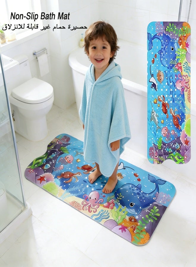 Baby Kids Bath Mat, Extra-Long PVC Non-Slip Bathtub Mat, Cartoon Ocean Print Safety Bathroom Mat, Anti-Slip Shower Mat with Strong Suction Cups 100×40 cm